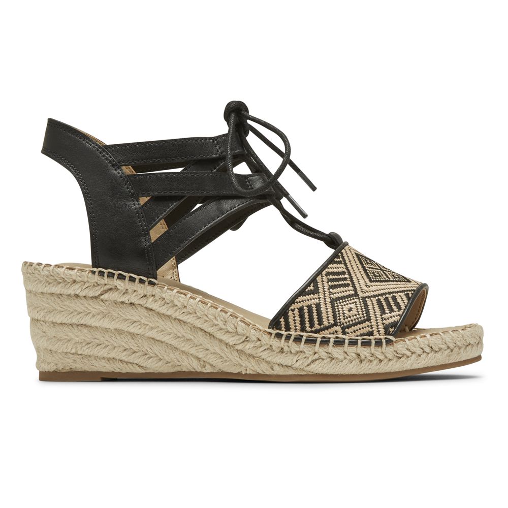 Rockport Women's Marah Lace Wedges Sandals - Black - USA (2830VXLSO)